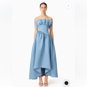 elliatt laurel blue satin ruffle bust boned strapless maxi gown dress medium NEW